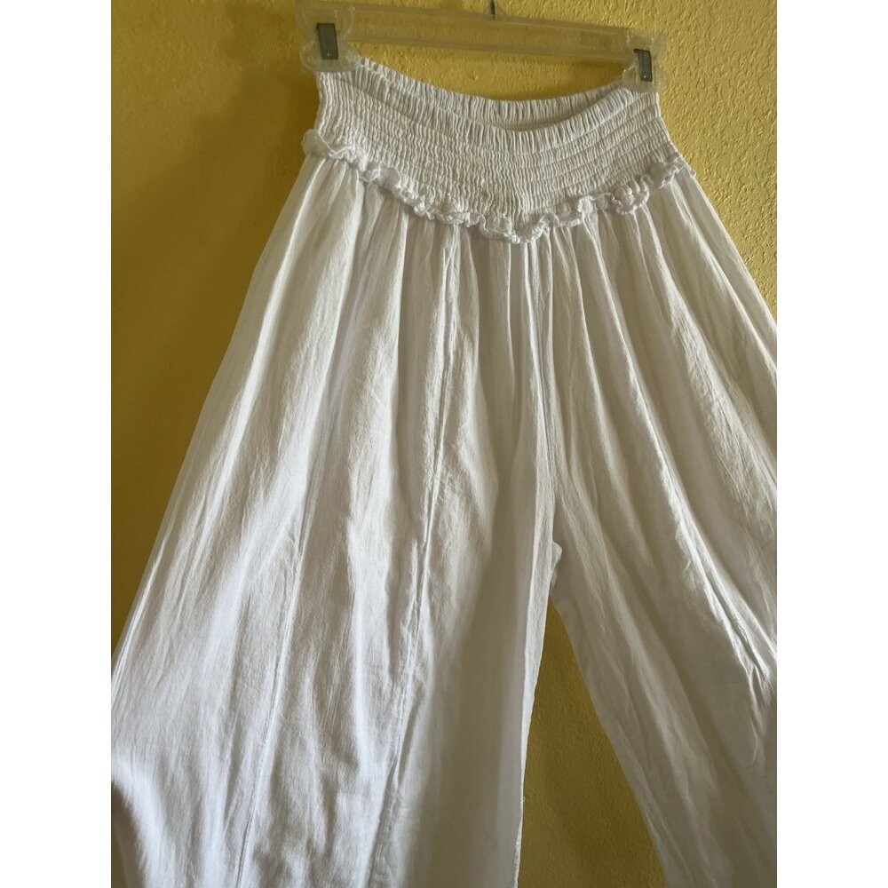 Blanco By Nature White Cotton Wide Leg Pants Large Smocked High Waist Resort NEW - Picture 5 of 11